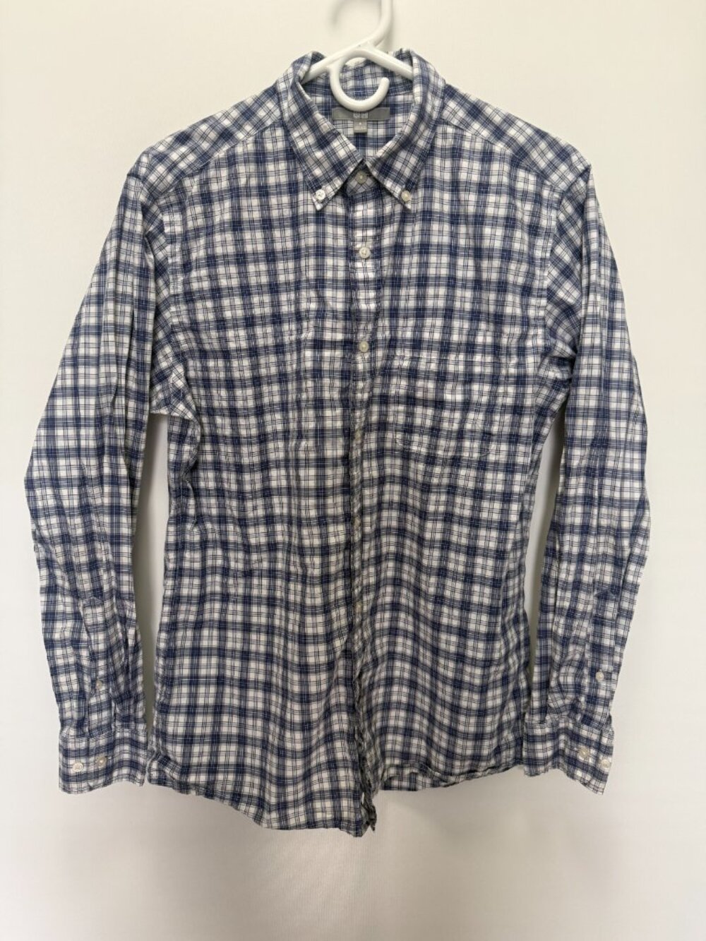 Uniqlo Slim Fit Plaid Button Down Shirt Blue White Long Sleeve Men's M